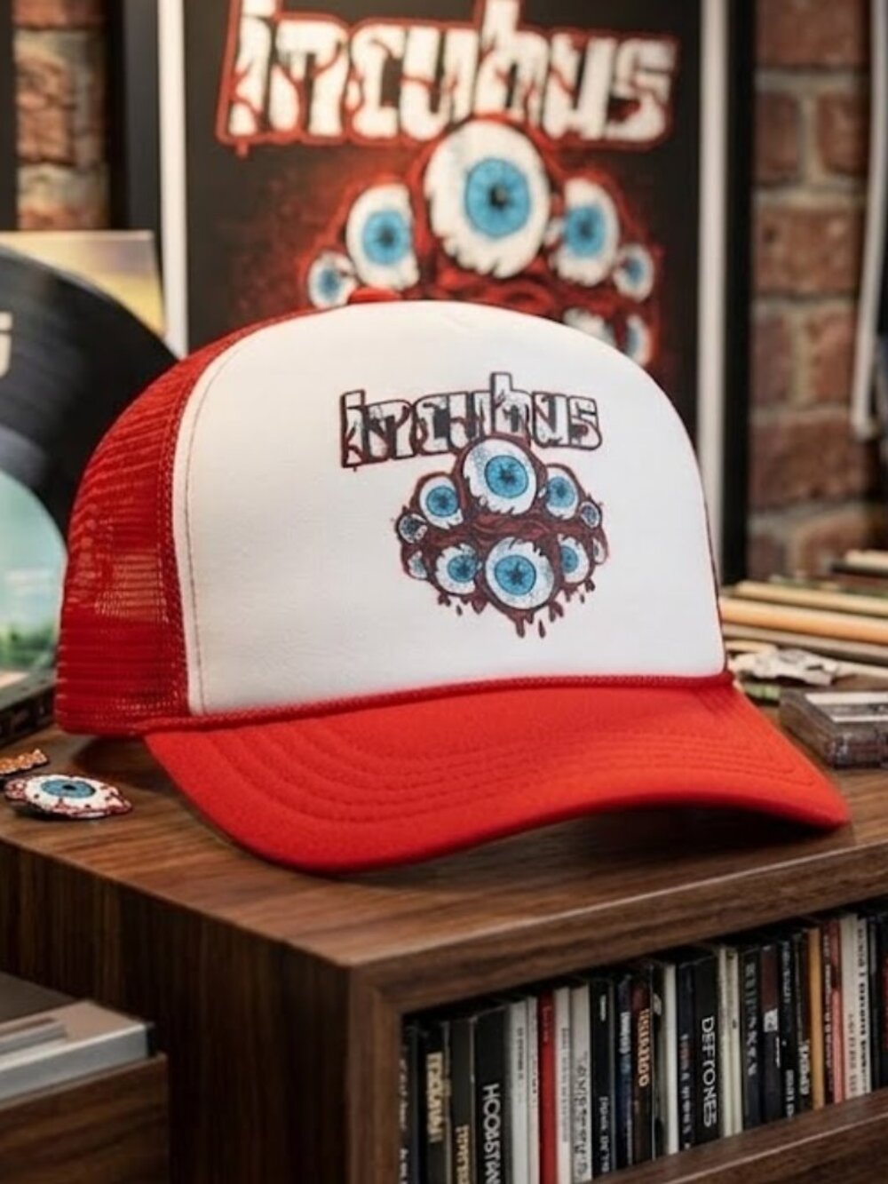 Retro Incubus Band Eyeball Art Foam Trucker Hat Red White Rope Cap New Y2K USA